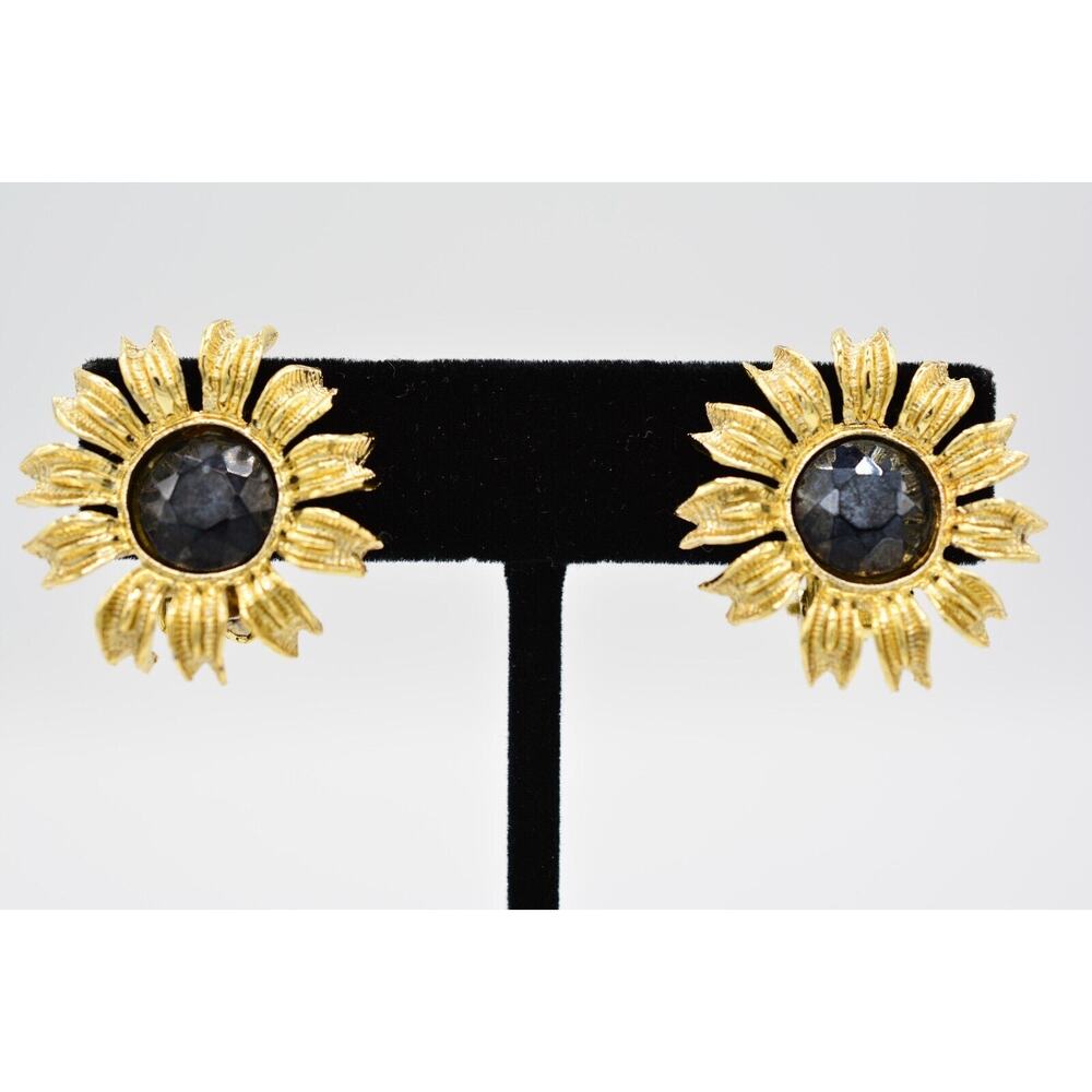 Vintage Sunflower Clip On Earrings Black Rhinestone Crystal Gold Tone 1980s Bin1